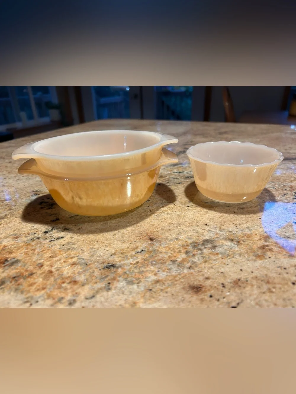 Fire King #472 Peach Lustre Set of 2 12oz Round Casserole + (1) 6oz Custard Cup